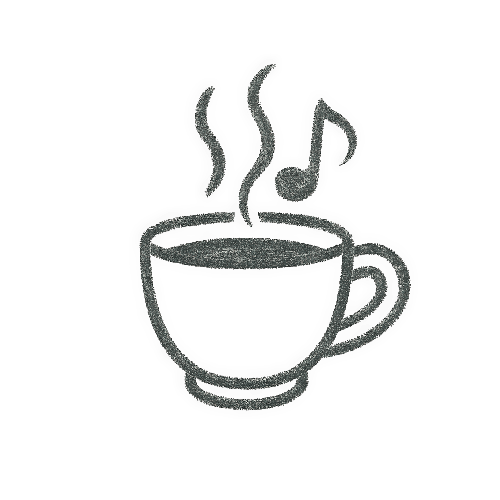 Icona disegnata a mano di tazza fumante con nota musicale