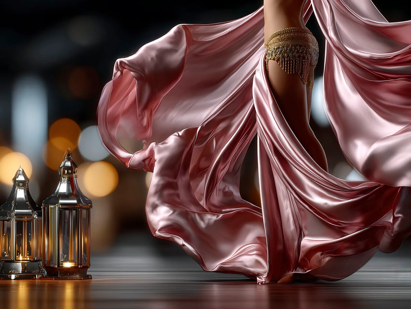 Danzatrice con velo in posa elegante sotto luci calde