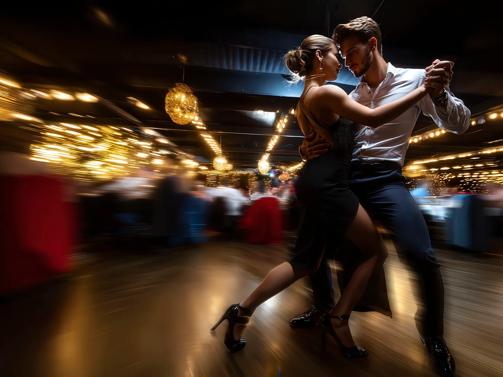 Coppia balla Salsa Cubana in movimento circolare in un club latino a Carpi