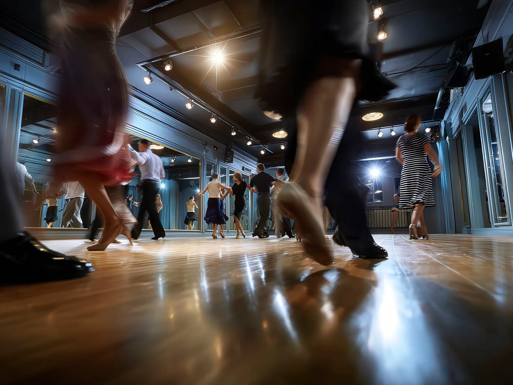 Adulti seguono un maestro di danze latino in sala con luci calde e specchi