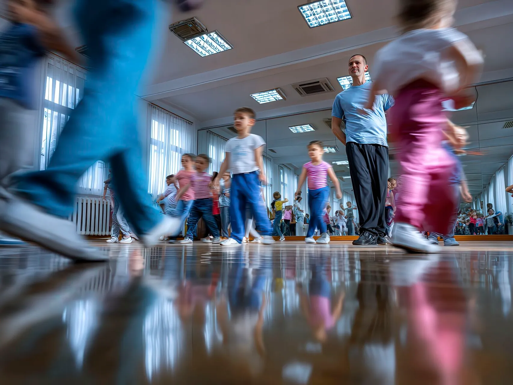Bambini che imparano danze latino americane in una sala da ballo luminosa a Carpi