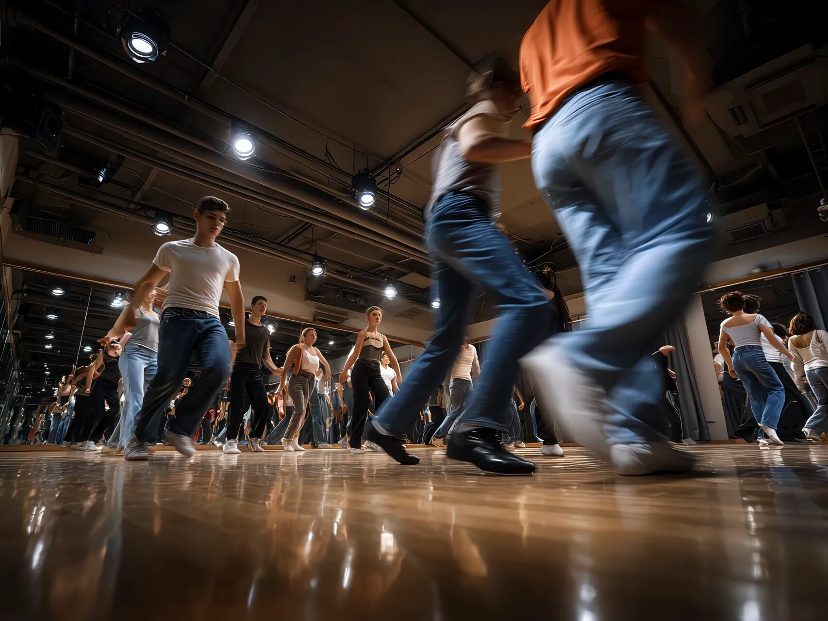 Ragazzi 11–14 anni seguono un maestro di danze latino in sala con specchi