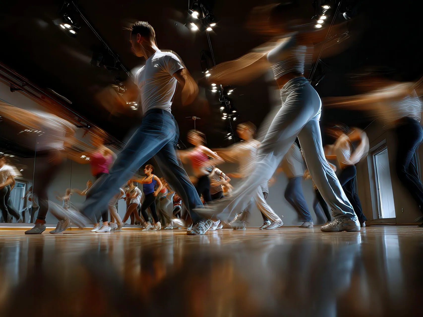 Ragazzi delle superiori seguono un maestro di danze latino in sala con luci scenografiche