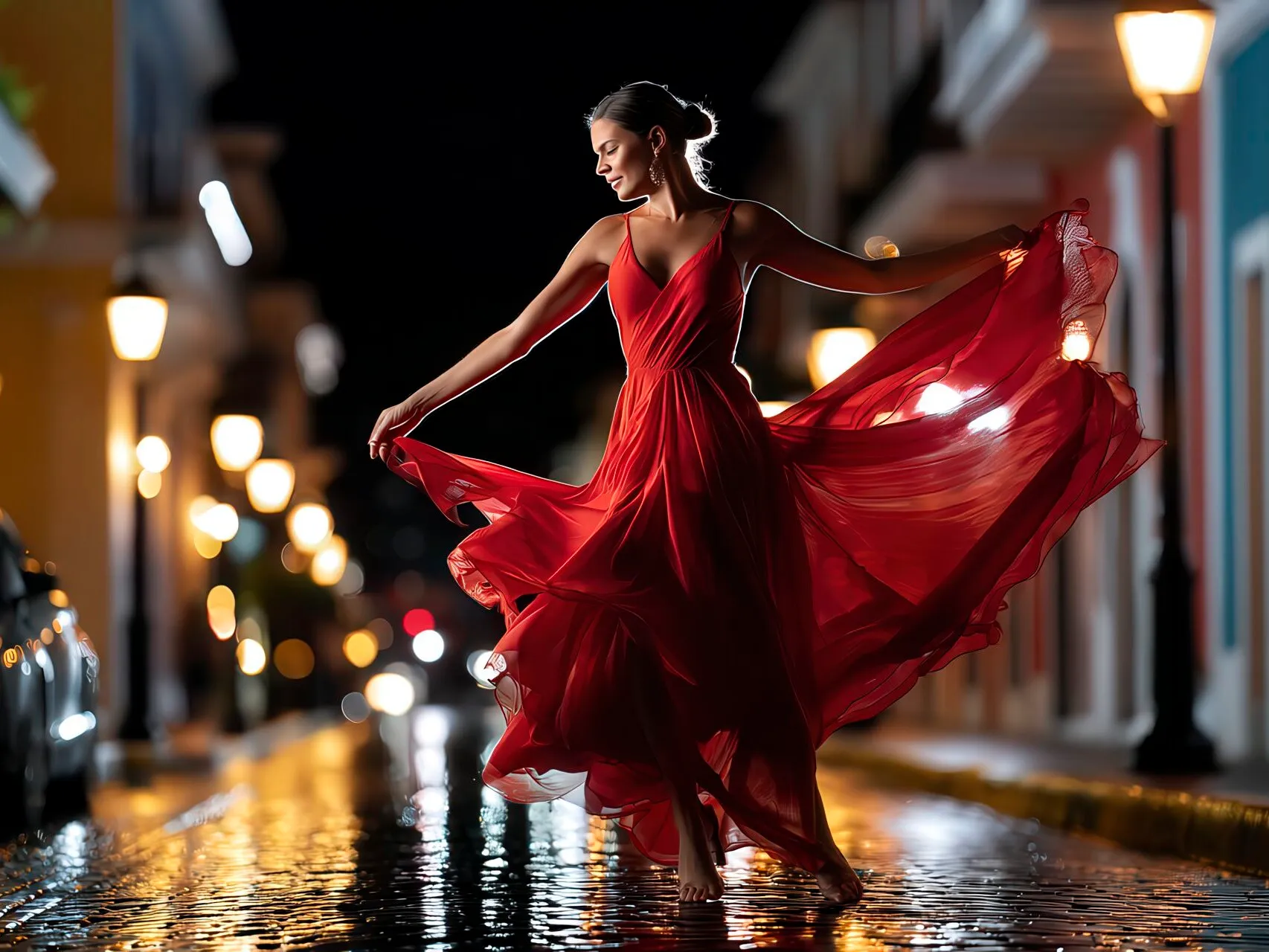 Ballerina di salsa danza da sola in una strada di San Juan con luci serali